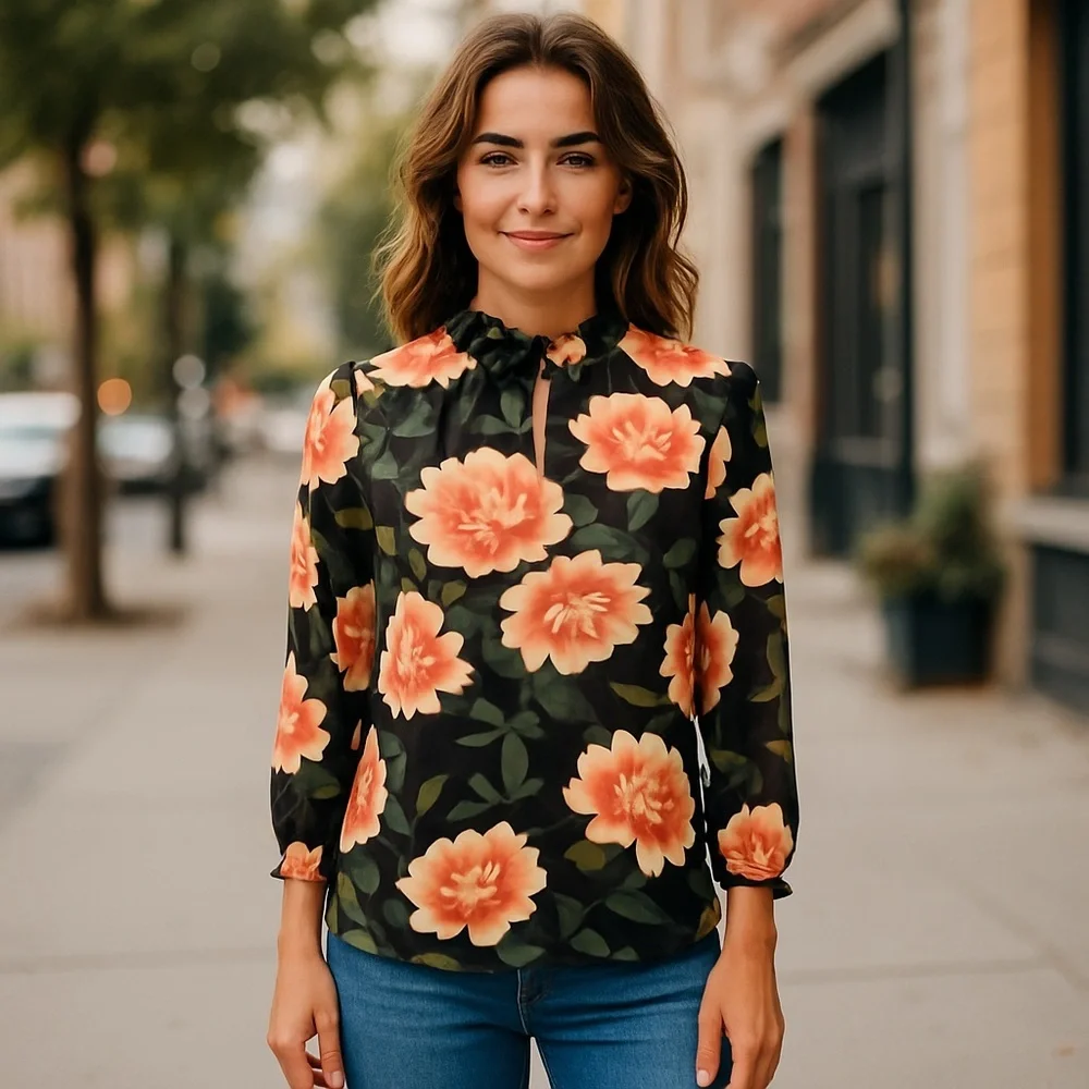 Ann Taylor Butterfly Floral 100% Silk Ruffle Split Neck Blouse Long Sleeve XS - Picture 8 of 13